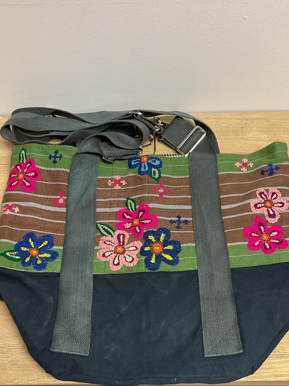 Free People Embroidered Floral Tote in Green, Brown & Blue